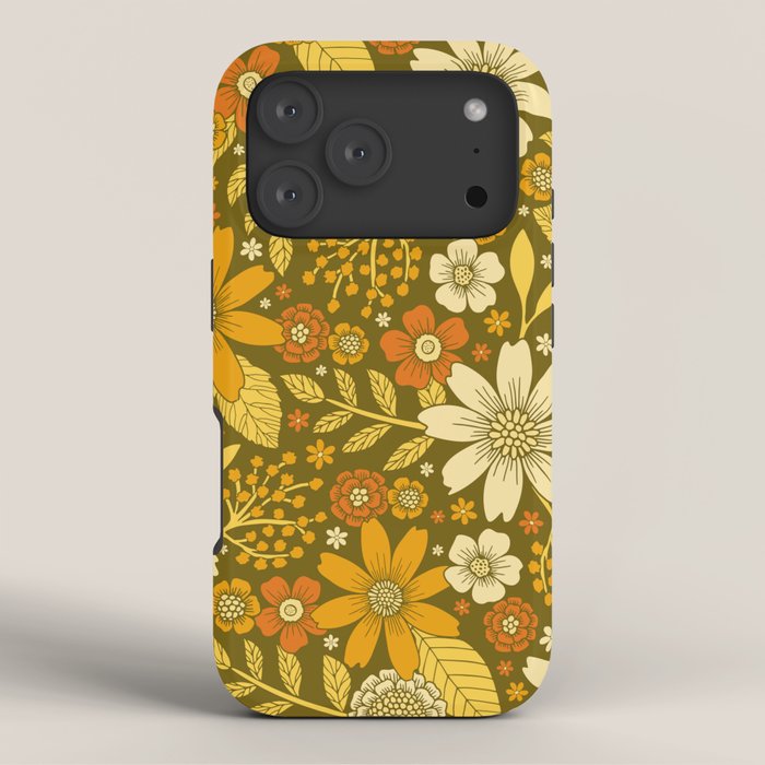 1970s Retro Flowers Pattern in Yellow, Orange & Olive Green iPhone Case