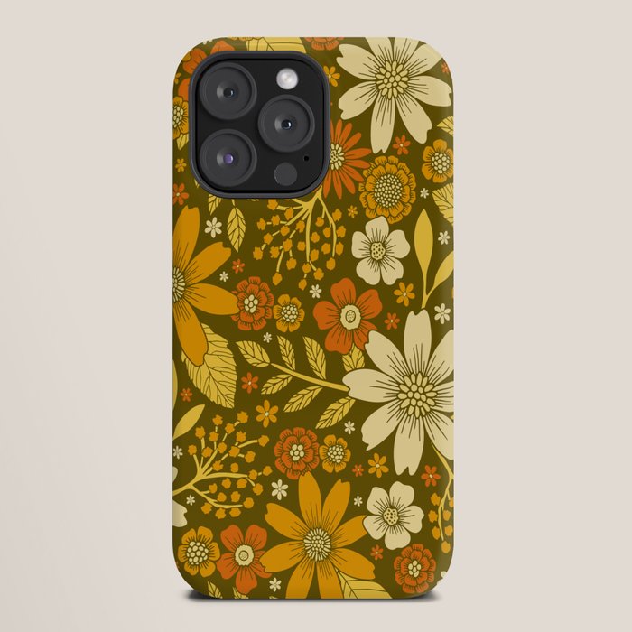 1970s Retro Flowers Pattern in Yellow, Orange & Olive Green iPhone Case