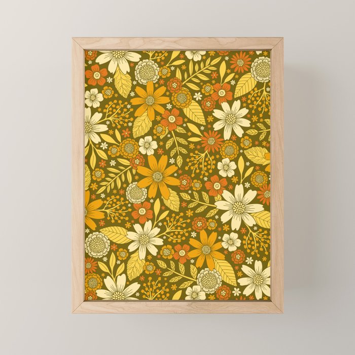 1970s Retro Flowers Pattern in Yellow, Orange & Olive Green Mini Art Print
