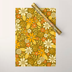 1970s Retro Flowers Pattern in Yellow, Orange & Olive Green Wrapping Paper