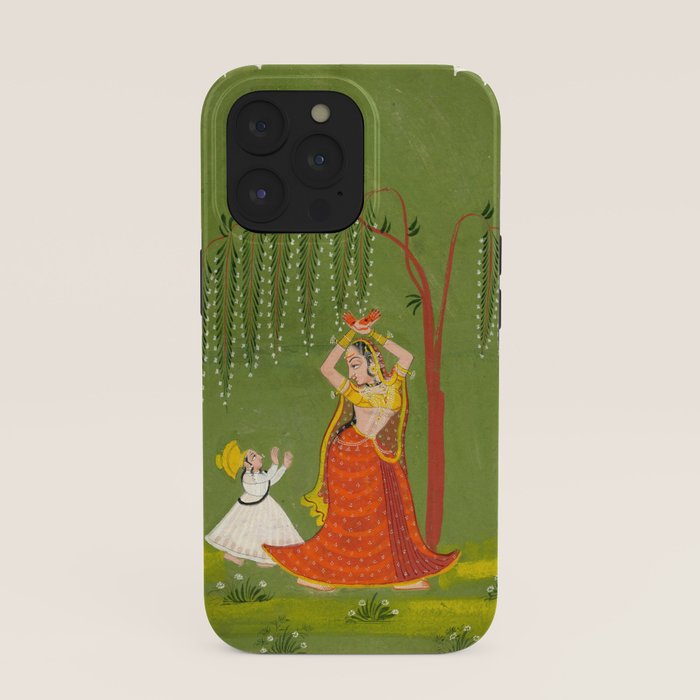 A female attendant is standing in tribhanga pose under a tree. A small child vies for her attention. iPhone Case