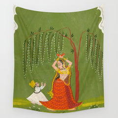 A female attendant is standing in tribhanga pose under a tree. A small child vies for her attention. Wall Tapestry