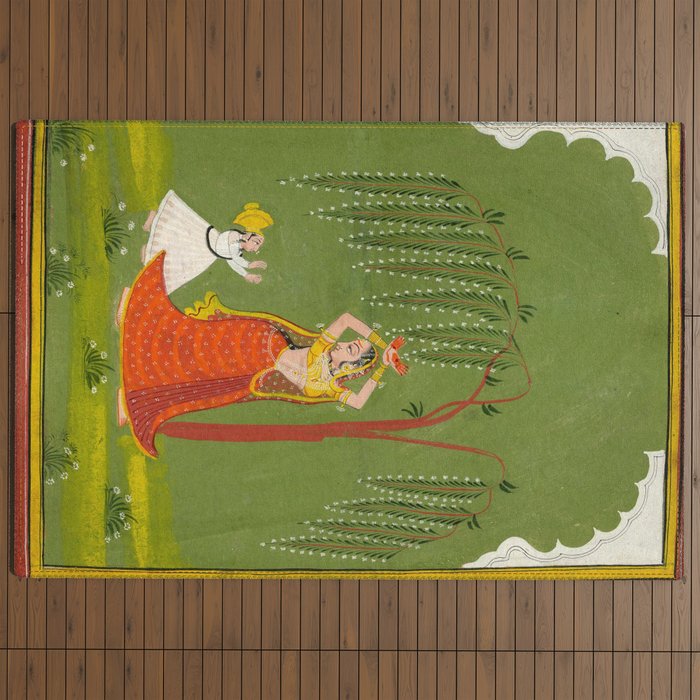 A female attendant is standing in tribhanga pose under a tree. A small child vies for her attention. Outdoor Rug