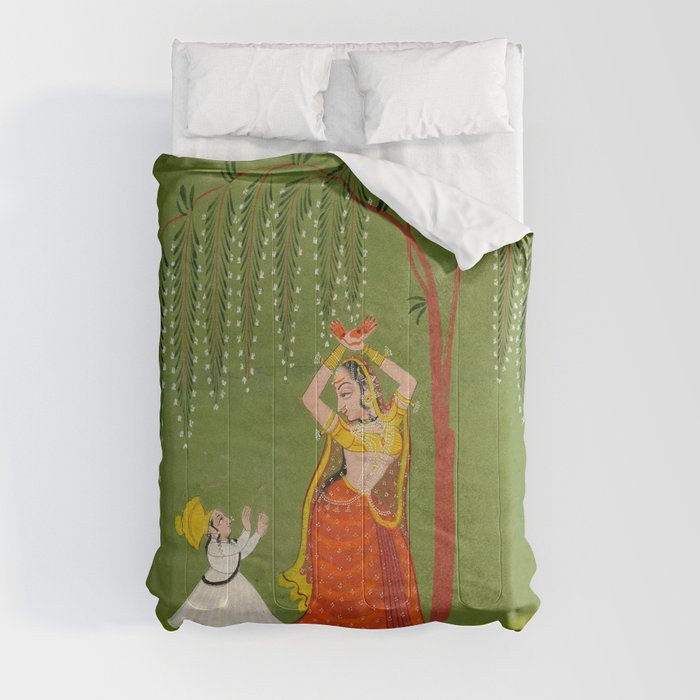 A female attendant is standing in tribhanga pose under a tree. A small child vies for her attention. Comforter