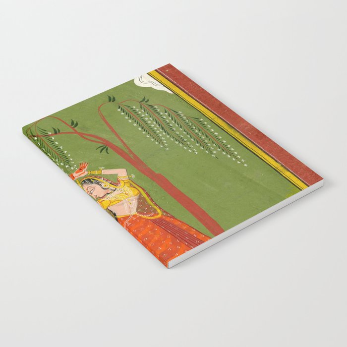 A female attendant is standing in tribhanga pose under a tree. A small child vies for her attention. Notebook