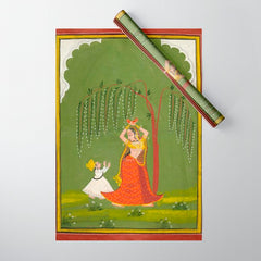A female attendant is standing in tribhanga pose under a tree. A small child vies for her attention. Wrapping Paper