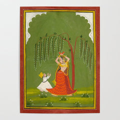 A female attendant is standing in tribhanga pose under a tree. A small child vies for her attention. Poster