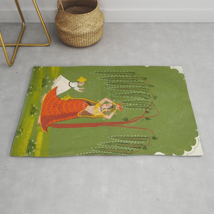 A female attendant is standing in tribhanga pose under a tree. A small child vies for her attention. Rug