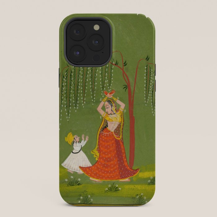 A female attendant is standing in tribhanga pose under a tree. A small child vies for her attention. iPhone Case