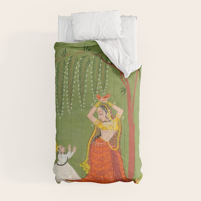 A female attendant is standing in tribhanga pose under a tree. A small child vies for her attention. Comforter