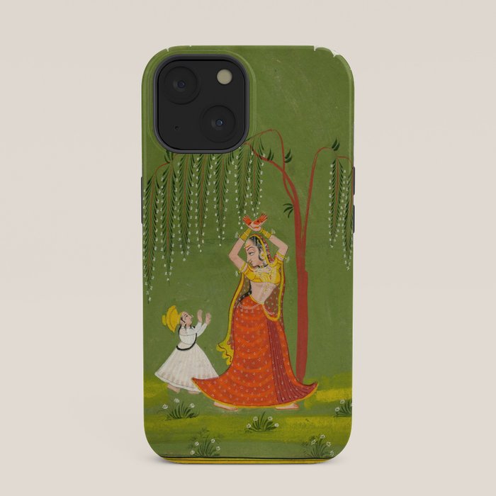 A female attendant is standing in tribhanga pose under a tree. A small child vies for her attention. iPhone Case