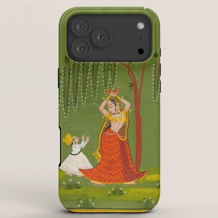A female attendant is standing in tribhanga pose under a tree. A small child vies for her attention. iPhone Case