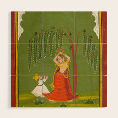 A female attendant is standing in tribhanga pose under a tree. A small child vies for her attention. Wood Wall Art