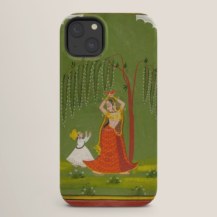 A female attendant is standing in tribhanga pose under a tree. A small child vies for her attention. iPhone Case