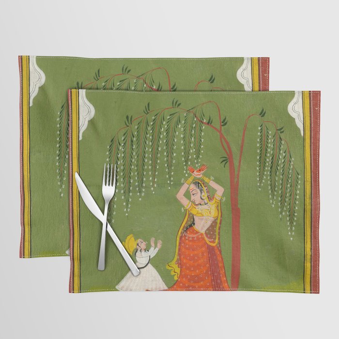 A female attendant is standing in tribhanga pose under a tree. A small child vies for her attention. Placemat