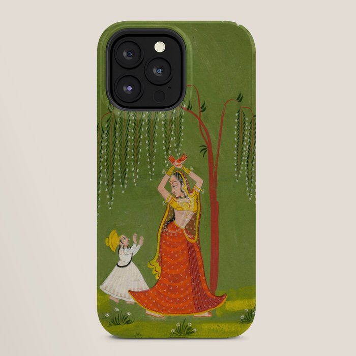 A female attendant is standing in tribhanga pose under a tree. A small child vies for her attention. iPhone Case
