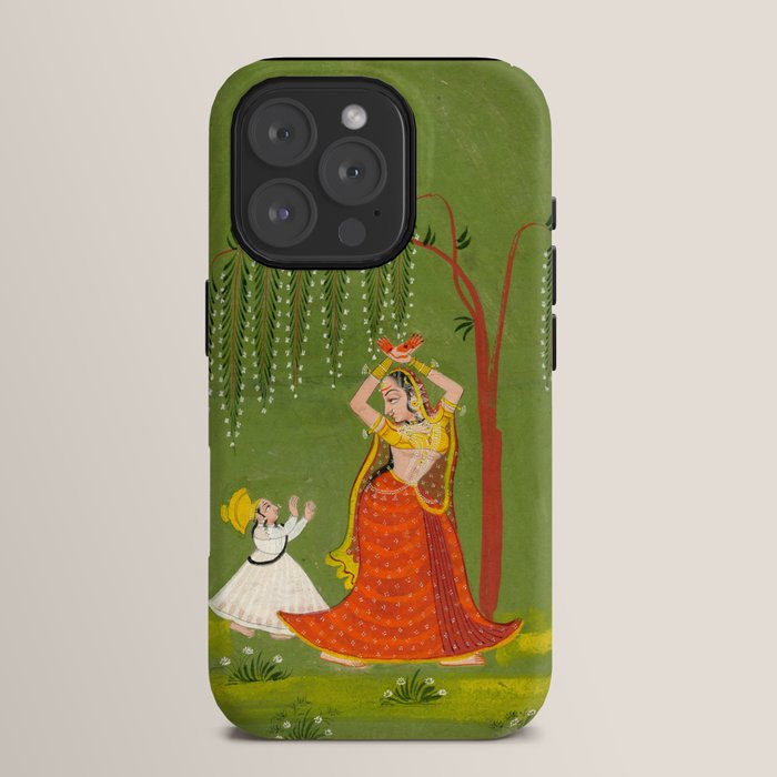 A female attendant is standing in tribhanga pose under a tree. A small child vies for her attention. iPhone Case