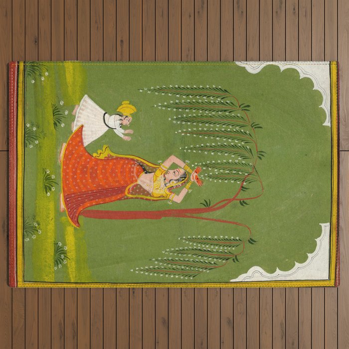 A female attendant is standing in tribhanga pose under a tree. A small child vies for her attention. Outdoor Rug