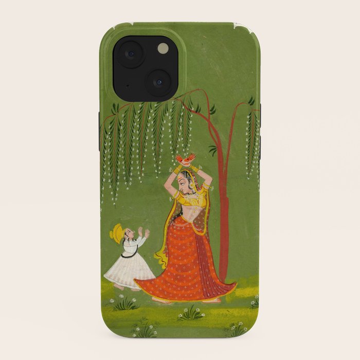 A female attendant is standing in tribhanga pose under a tree. A small child vies for her attention. iPhone Case