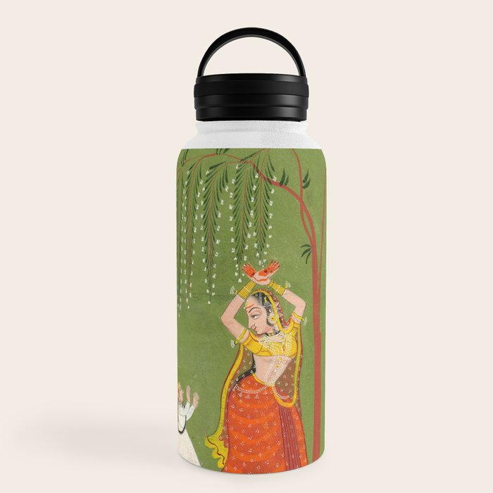 A female attendant is standing in tribhanga pose under a tree. A small child vies for her attention. Water Bottle