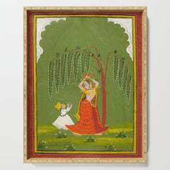 A female attendant is standing in tribhanga pose under a tree. A small child vies for her attention. Serving Tray