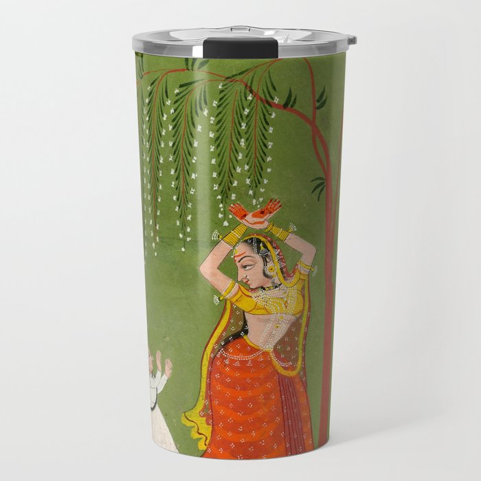 A female attendant is standing in tribhanga pose under a tree. A small child vies for her attention. Travel Mug