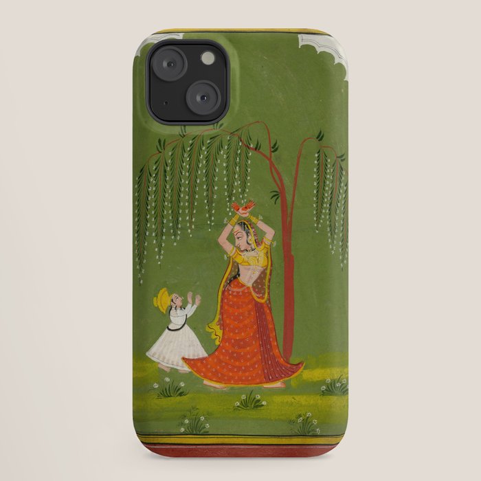 A female attendant is standing in tribhanga pose under a tree. A small child vies for her attention. iPhone Case