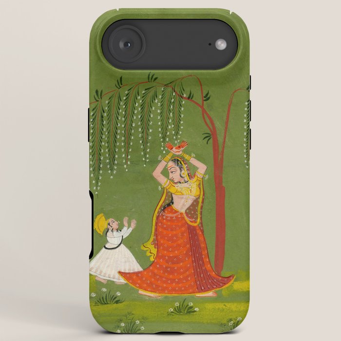 A female attendant is standing in tribhanga pose under a tree. A small child vies for her attention. iPhone Case