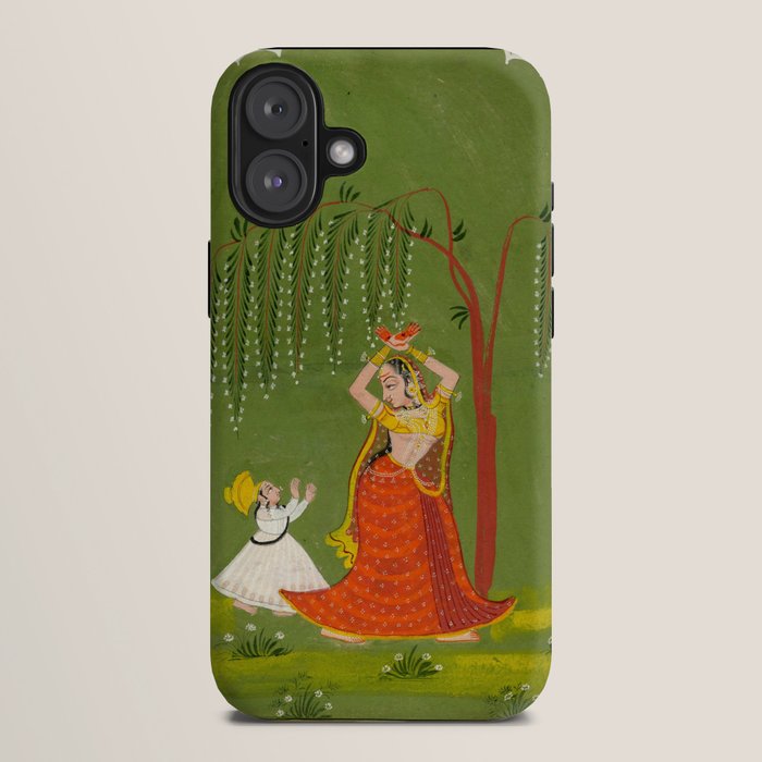 A female attendant is standing in tribhanga pose under a tree. A small child vies for her attention. iPhone Case