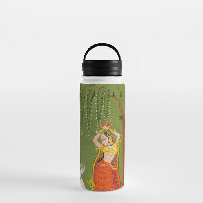 A female attendant is standing in tribhanga pose under a tree. A small child vies for her attention. Water Bottle