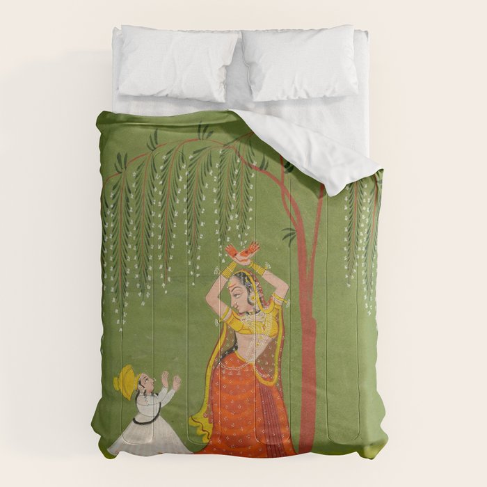A female attendant is standing in tribhanga pose under a tree. A small child vies for her attention. Comforter
