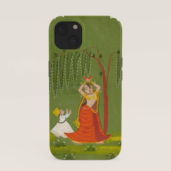 A female attendant is standing in tribhanga pose under a tree. A small child vies for her attention. iPhone Case