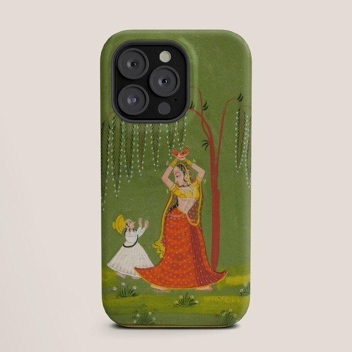 A female attendant is standing in tribhanga pose under a tree. A small child vies for her attention. iPhone Case