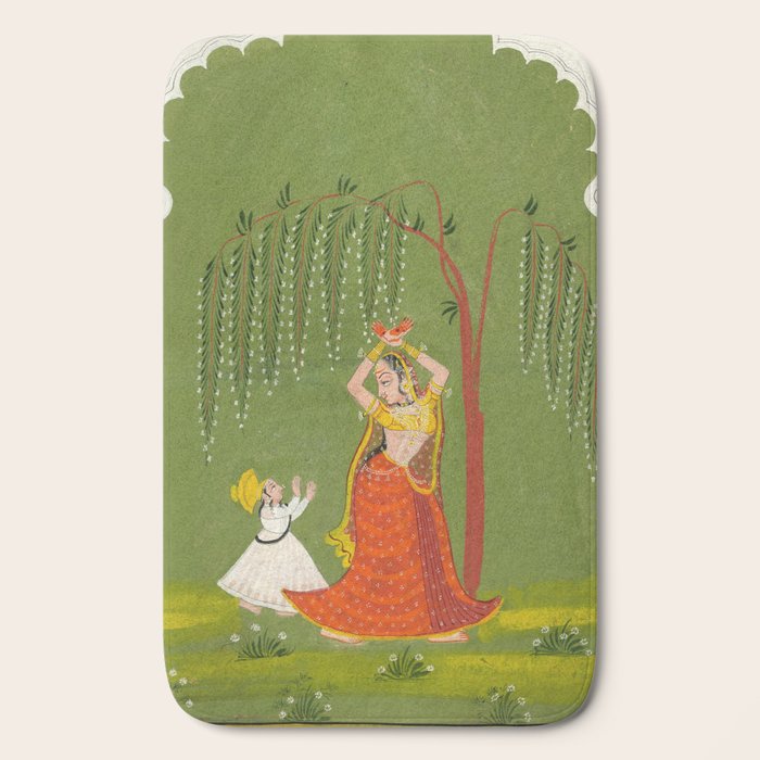 A female attendant is standing in tribhanga pose under a tree. A small child vies for her attention. Bath Mat