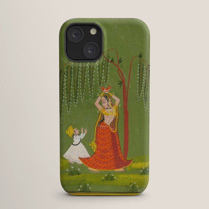 A female attendant is standing in tribhanga pose under a tree. A small child vies for her attention. iPhone Case