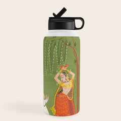 A female attendant is standing in tribhanga pose under a tree. A small child vies for her attention. Water Bottle