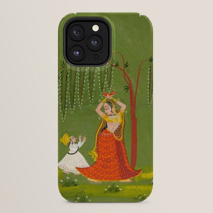 A female attendant is standing in tribhanga pose under a tree. A small child vies for her attention. iPhone Case
