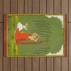 A female attendant is standing in tribhanga pose under a tree. A small child vies for her attention. Outdoor Rug