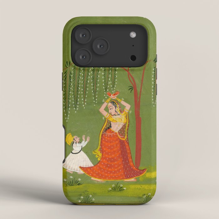 A female attendant is standing in tribhanga pose under a tree. A small child vies for her attention. iPhone Case