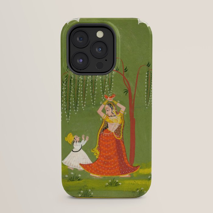 A female attendant is standing in tribhanga pose under a tree. A small child vies for her attention. iPhone Case