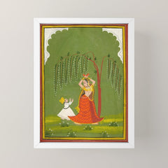 A female attendant is standing in tribhanga pose under a tree. A small child vies for her attention. Mini Art Print