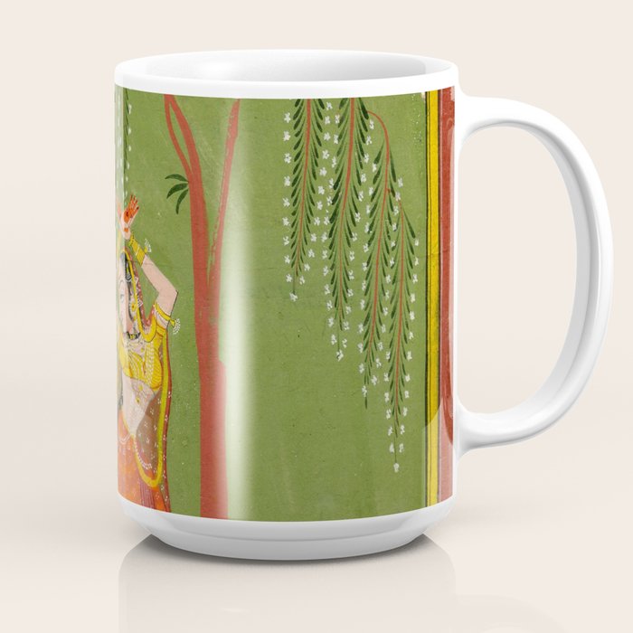 A female attendant is standing in tribhanga pose under a tree. A small child vies for her attention. Coffee Mug