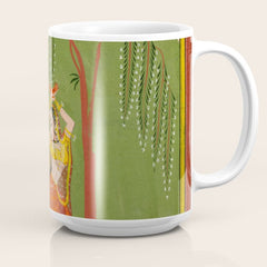 A female attendant is standing in tribhanga pose under a tree. A small child vies for her attention. Coffee Mug