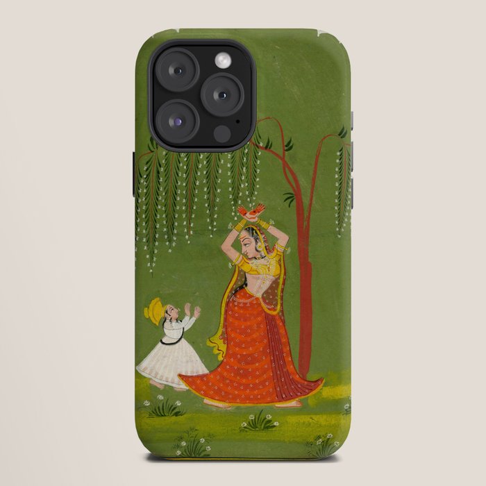 A female attendant is standing in tribhanga pose under a tree. A small child vies for her attention. iPhone Case
