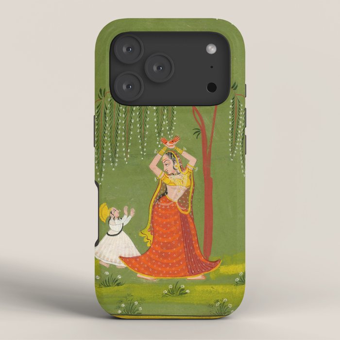 A female attendant is standing in tribhanga pose under a tree. A small child vies for her attention. iPhone Case