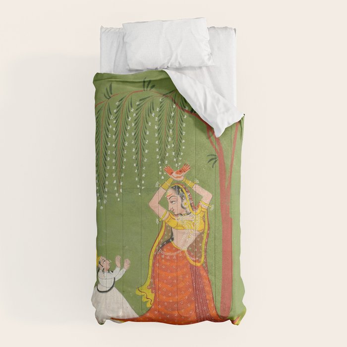 A female attendant is standing in tribhanga pose under a tree. A small child vies for her attention. Comforter