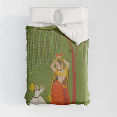 A female attendant is standing in tribhanga pose under a tree. A small child vies for her attention. Duvet Cover