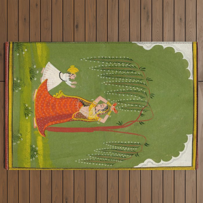 A female attendant is standing in tribhanga pose under a tree. A small child vies for her attention. Outdoor Rug