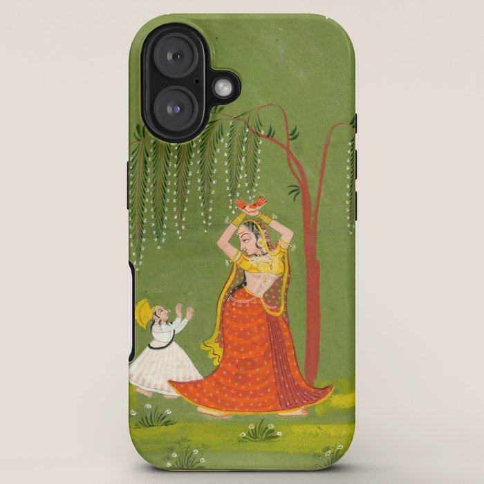A female attendant is standing in tribhanga pose under a tree. A small child vies for her attention. iPhone Case