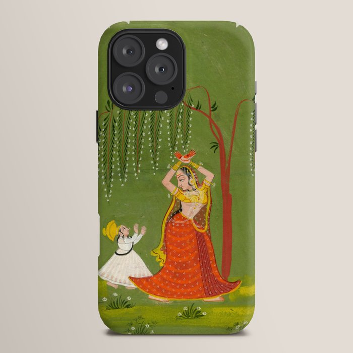 A female attendant is standing in tribhanga pose under a tree. A small child vies for her attention. iPhone Case